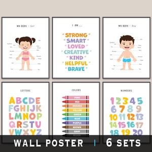 Preschooler Educational Wall Decor Printable, Cute Toddler Learning Posters, Homeschool, Preschool Room Decor, Classroom Wall Poster, 6 sets