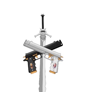 May include: A silver sword with a skull design on the pommel is crossed with two black and silver pistols. The pistols have gold accents and a small image of a woman on the grip.