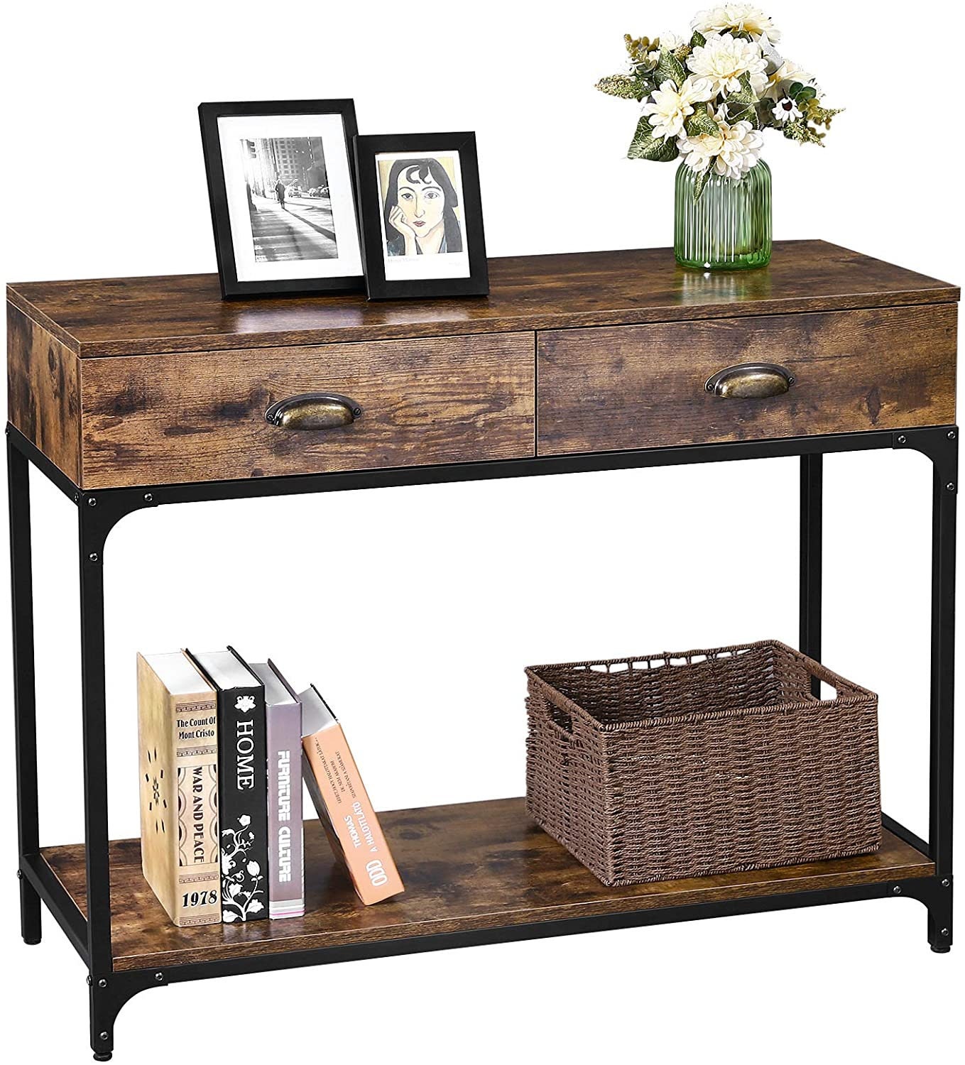 Industrial Style Narrow Console Table With 2 Drawers And Metal Etsy