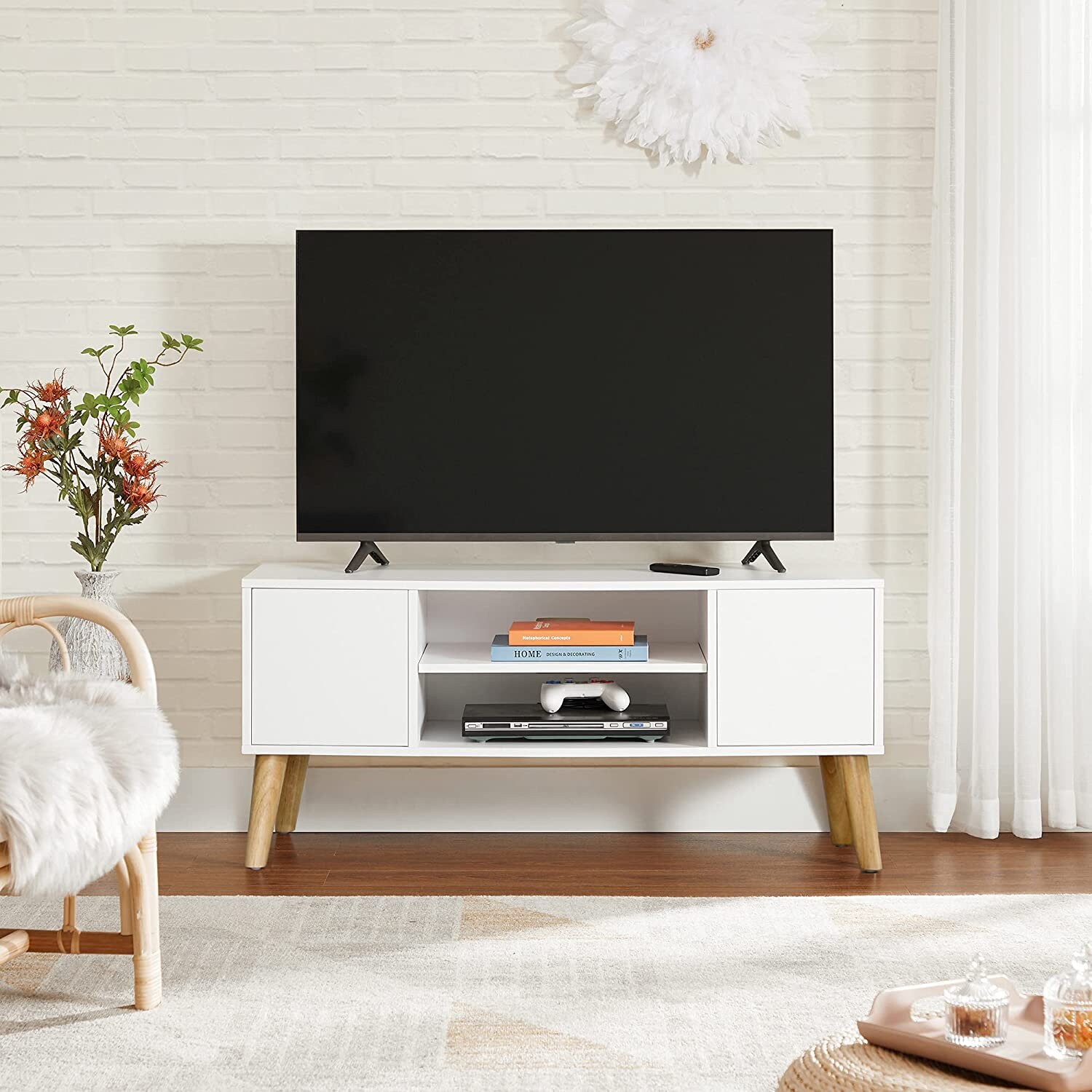 White Scandinavian Style TV Stand Unit With Cupboards Etsy UK