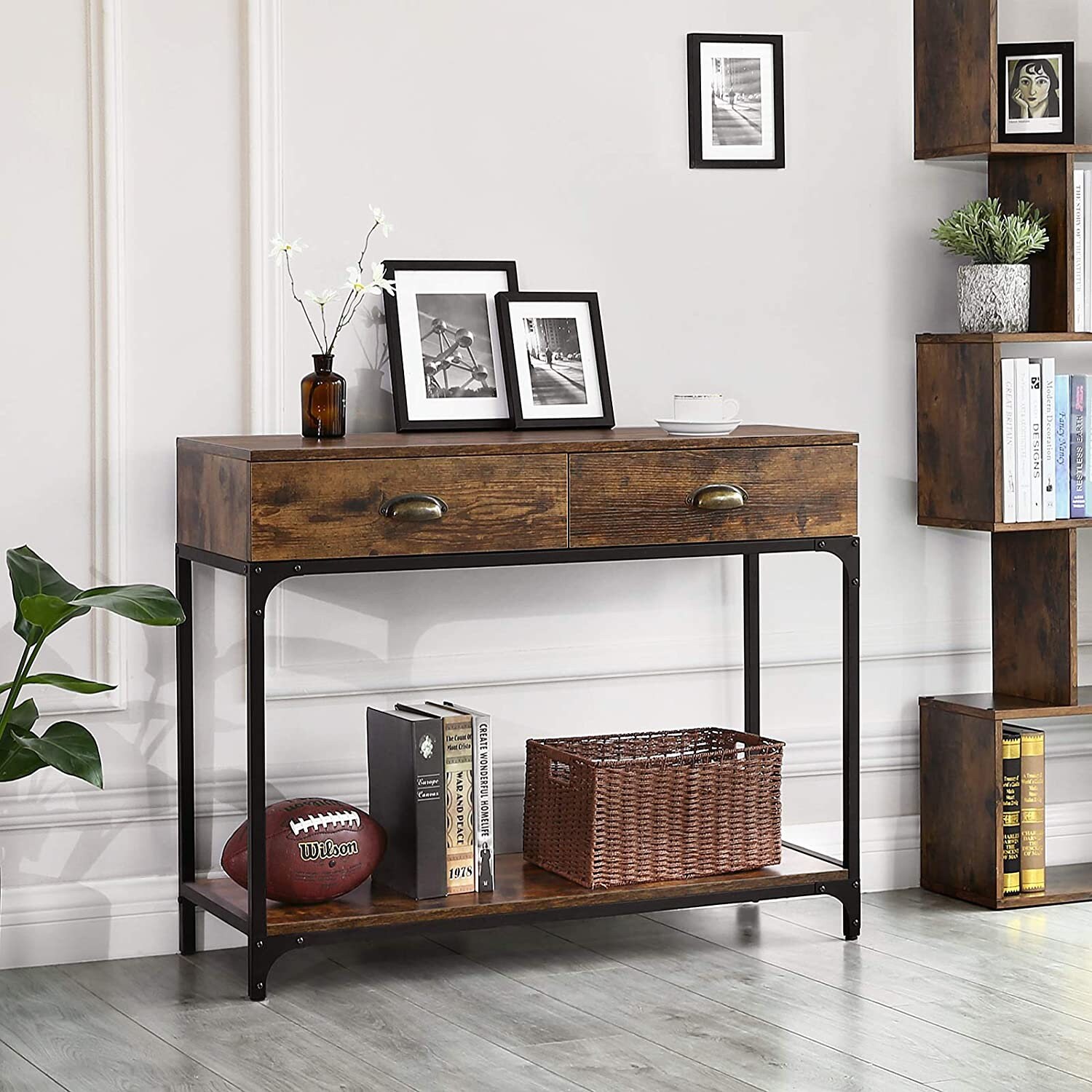 Industrial Style Narrow Console Table With 2 Drawers And Metal Etsy