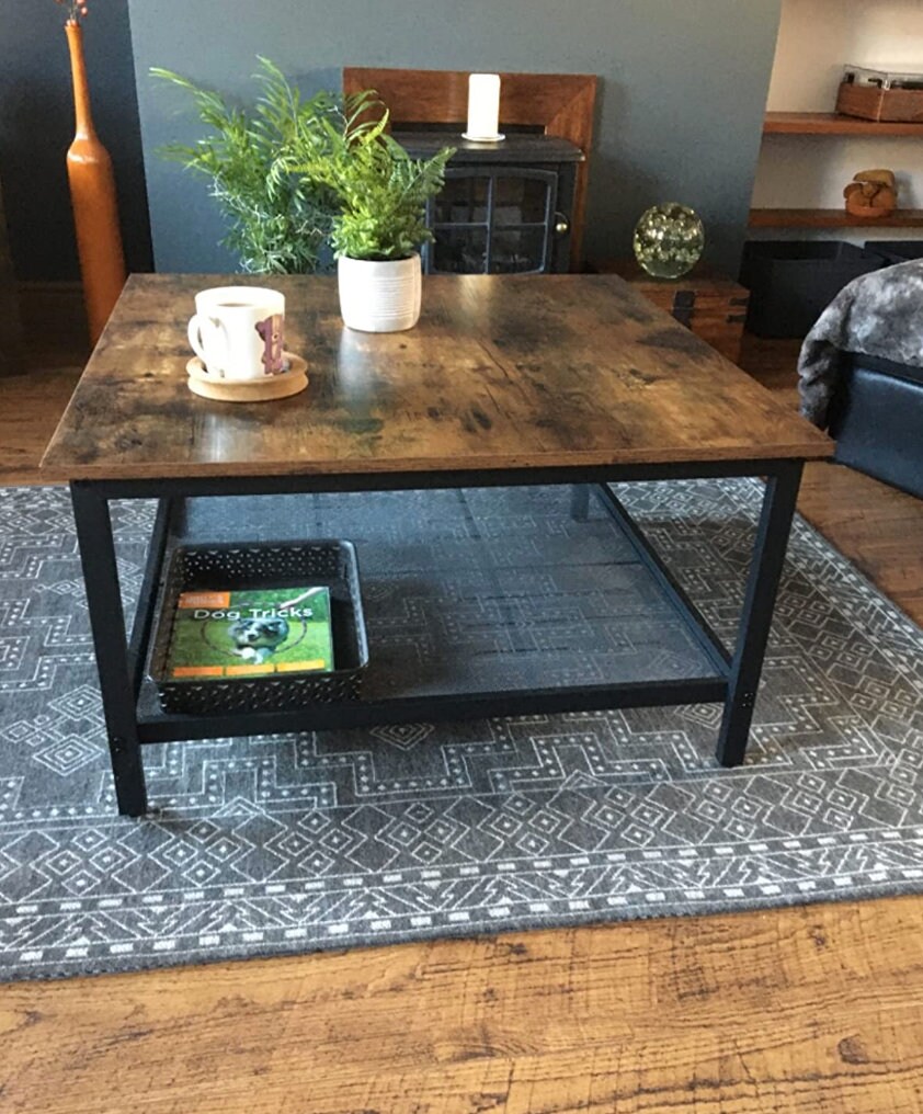 Industrial Square Coffee Table With Mesh Storage Shelf Vintage Etsy