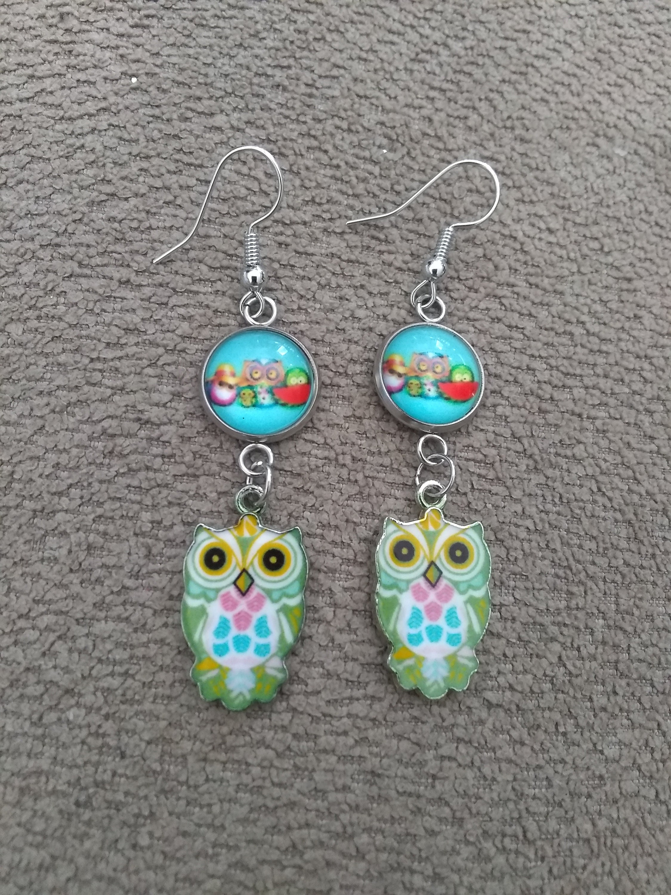 Owl design charms and cabochon earrings