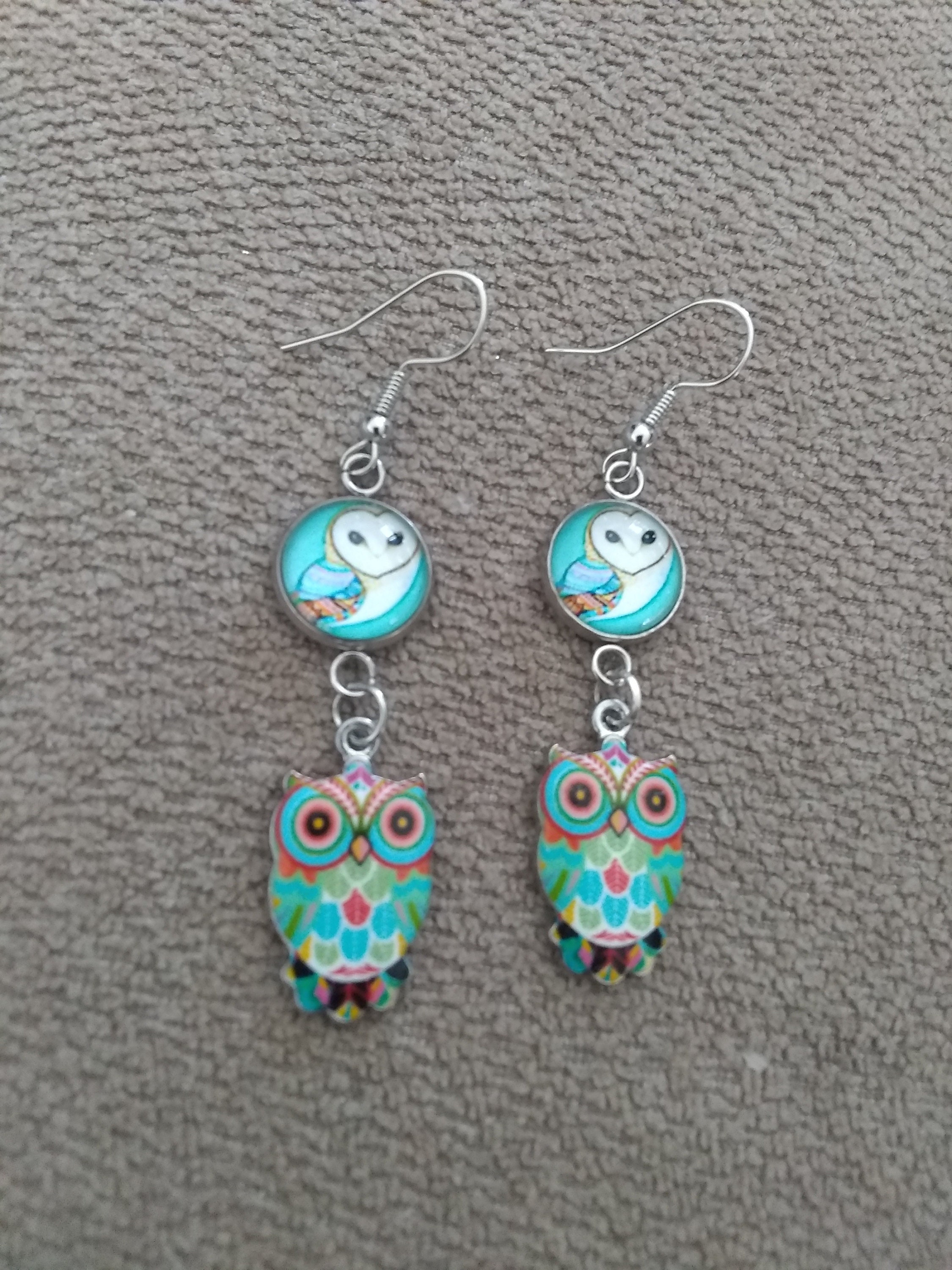 Owl design charms and cabochon earrings