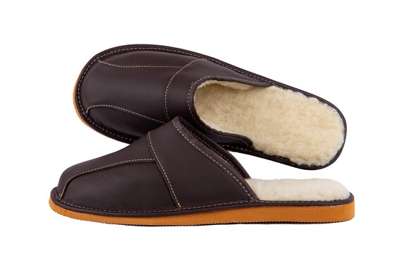 Men's Warm Leather Slippers Brown Color 