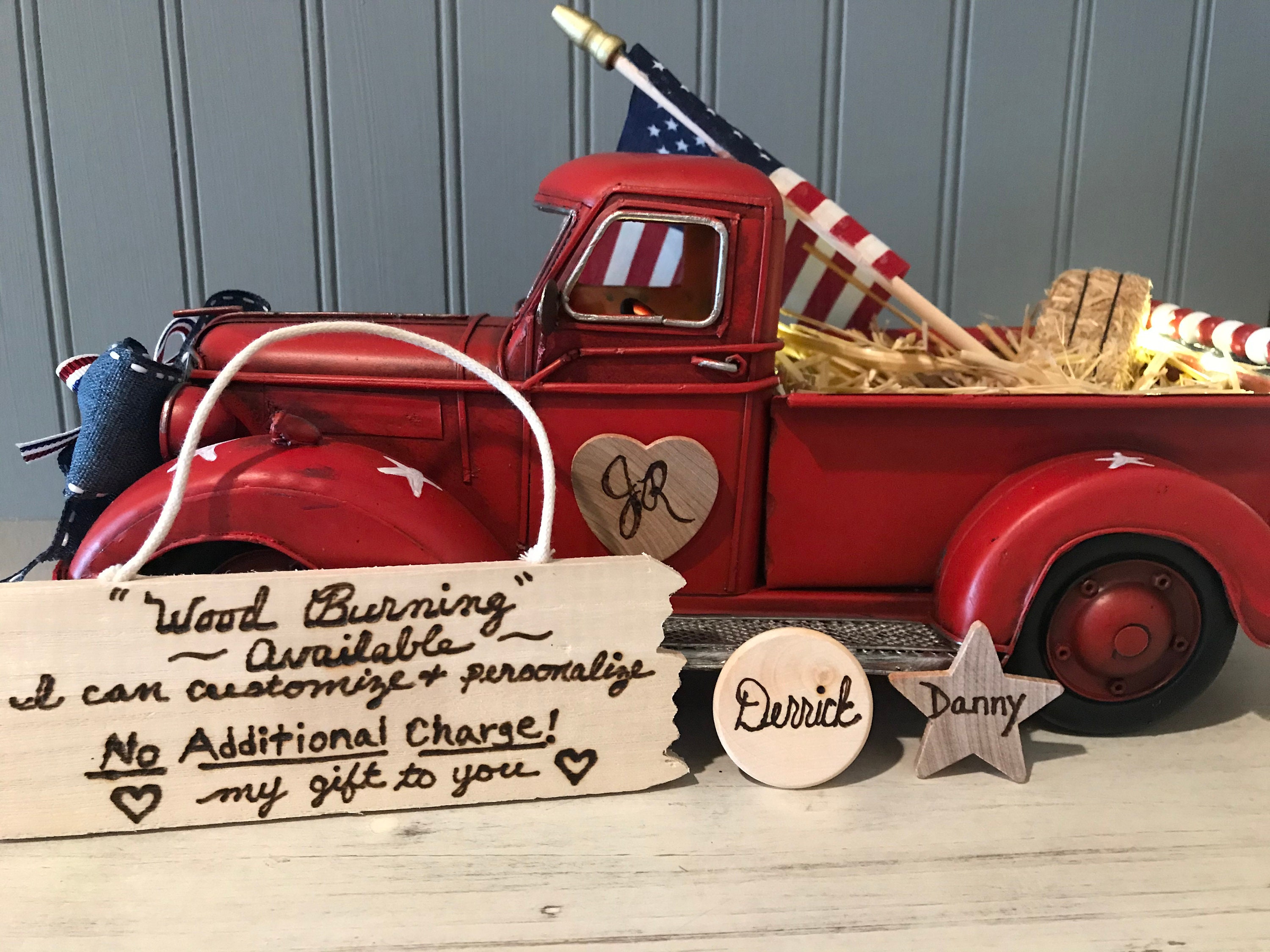 Patriotic Metal Pickup Truck Decor - 4th Of July Farmhouse Centerpiece With Flowers, Windmill & String Lights