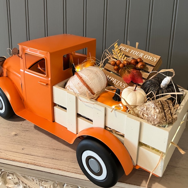 Fall Light Up Orange Metal Truck, Personalized Harvest Truck, Thanksgiving Truck, Halloween Truck, Fall Truck Decor, Pumpkin Decor/Hay Decor