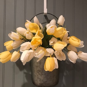 Yellow Tulip Hanging Basket, Tulip Hanging Floral Arrangement, Anniversary Flowers, Farmhouse Decor, Bridal Flowers, Wall Hanging Decor