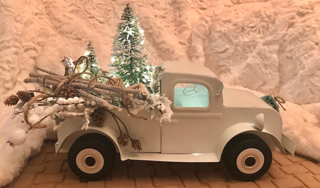 Winter White Metal Truck, Farmhouse Truck, Pickup Truck With Lights