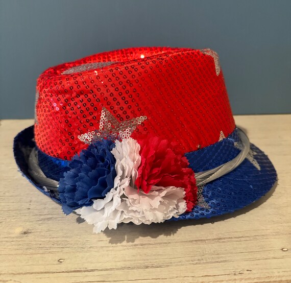 Red Hat with Floral Sequin Accents on it. Womens Red Floral Sequined Fedora Hat | eBay main image 3