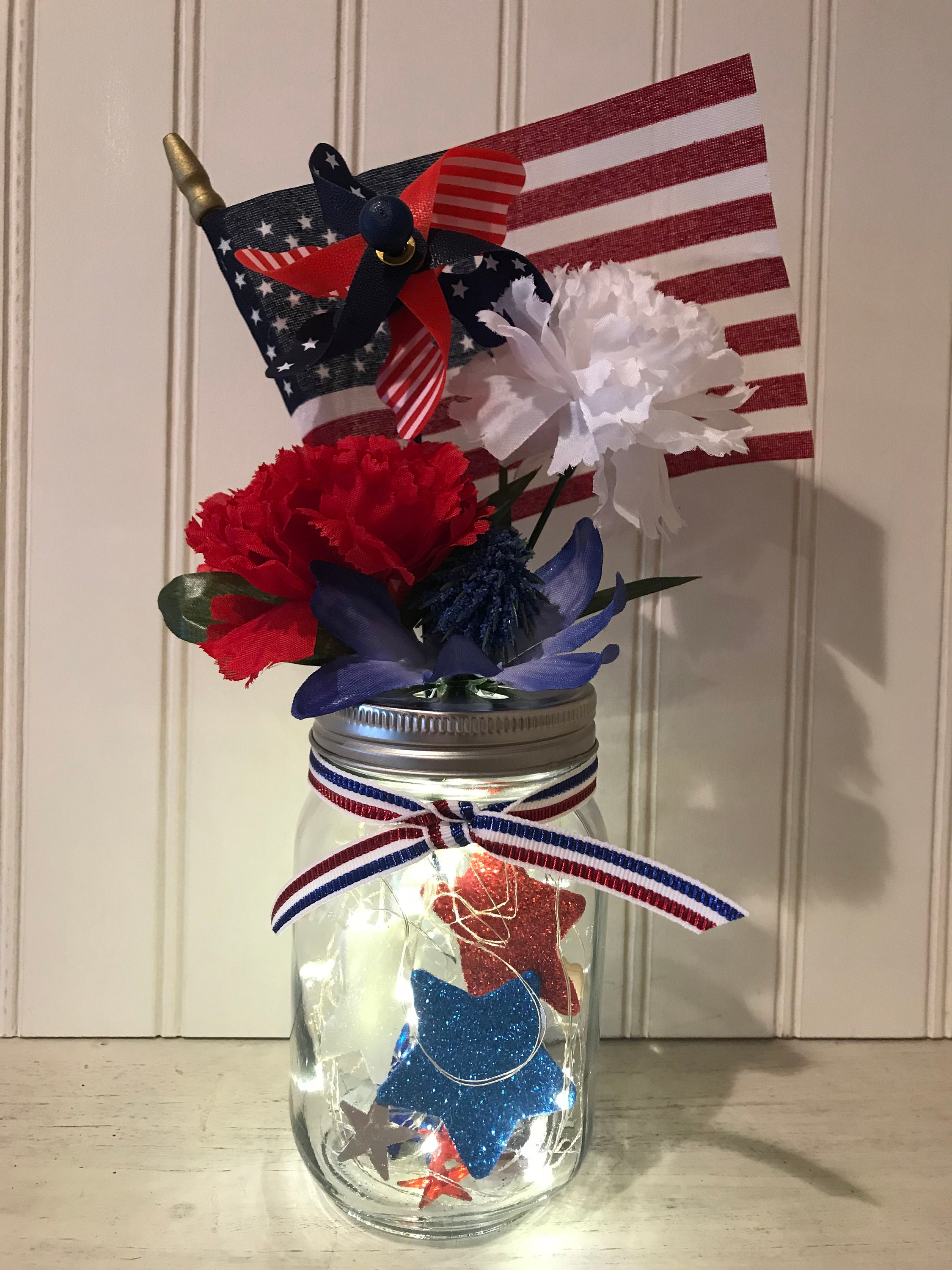 4th Of July Decorations - Patriotic Heart Wood Signs Set Of 2, Rustic Farmhouse Table Centerpieces For Independence Day