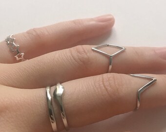 Sterling Silver Midi Rings, Pinky Ring, One Size Ring, Diamond Shape, V shape, Stars, Double Band