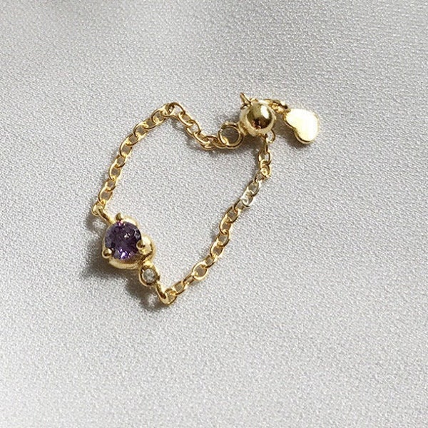 18K Gold plated S925 Sterling Silver, Purple gemstone Heart chain Ring, one size, adjustable ring