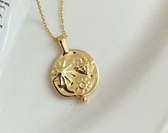 18K Gold plated 925 Sterling Silver Sun Planet Round Plate Coin Necklace