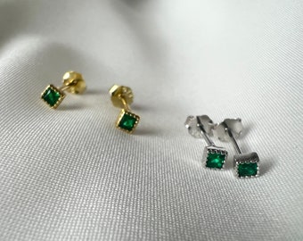 Sterling Silver Tiny Square Green Gemstone Stud Earrings, 14K Gold Plated