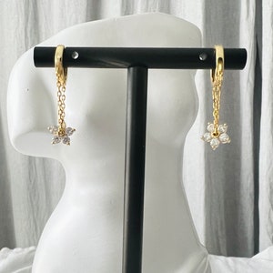 Sterling Silver Chain Flower Dangle Hoop Earrings, 18K gold plated