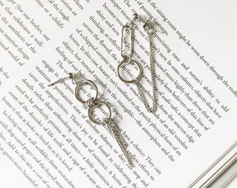 Sterling Silver Asymmetric Circles and Chain Earrings, Korean BTS style Earrings