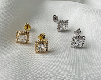 18K Gold Plated Sterling Silver Sparkle Square Stud Earrings