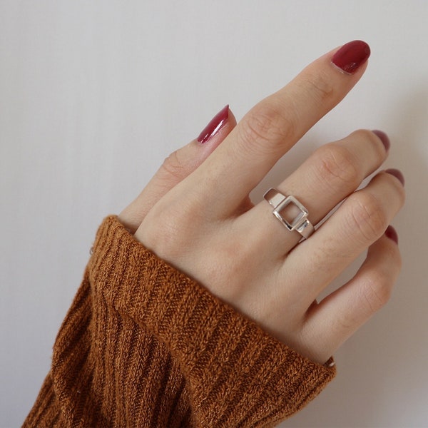 Sterling Silver Hollowed Square Ring, One Size Ring, Open Ring