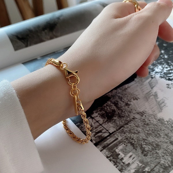 18K Gold plated Sterling Silver Chunky Rope Chain Bracelet, Twisted Foxtail Chain BraceletFree Gift Wrapping