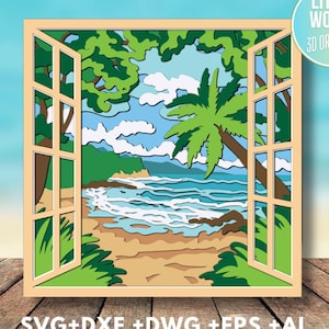 Puede incluir: Un diseño de corte láser 3D de una ventana con vista a una escena de playa tropical. La ventana está abierta y la vista muestra una palmera, olas del océano y una playa de arena. El diseño se titula "Little World 3D Ornaments".