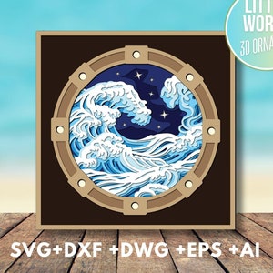 Ocean Waves Shadow Box Mini Bundle, Diy Beach House Wallpaper Cut for Cricut Through the Porthole, 3D Svg Shadow box Templates