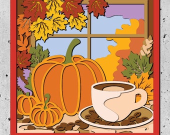 Könnte beinhalten: Eine gerahmte Illustration eines Fensters mit Herbstblättern, Kürbissen und einer Tasse Kaffee. Das Fenster ist geöffnet und der Blick nach draußen zeigt eine Herbstlandschaft mit Bäumen und Blättern.