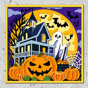 Caja de sombras de Halloween de casa embrujada 3d svg, decoración de Halloween, archivos Svg para Cricut, proyectos de Cricut, caja de sombras de Halloween svg, svg espeluznante