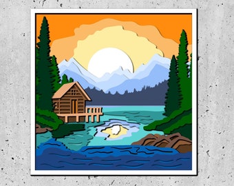 Szablon SVG Mountain Lake Sunset Shadow Box DIY Cabin Wall Decor Projekty warstwowych kartonów dla Cricut 3D SVG Shadow Box