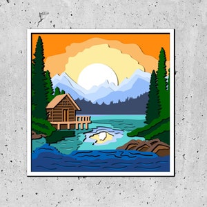 Modello di scatola delle ombre in formato SVG per tramonto sul lago di montagna, decorazioni da parete fai da te per cabine, progetti di cartoncino a strati per Cricut, scatola delle ombre in formato SVG 3D