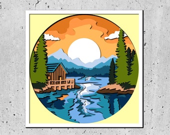Szablon SVG „Zachód słońca nad jeziorem górskim”, dekoracja ścienna domku DIY, projekty z warstwowego papieru do Cricut, 3D SVG Shadow Box,