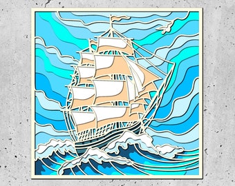 3D SVG zeilschip Shadow Box, zomer 3D-Svg, zeilboot 3D-svg, 3D SVG boot Cricut silhouet, schip 3D Svg, strand 3D Svg, zee 3D-svg