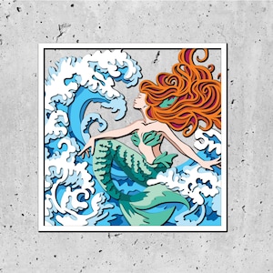 Sirène sur les vagues Shadow Box 3D SVG, svg 3D mer, Svg 3D été, sirène Shadow Box 3D Svg, sirène 3D Svg, vagues 3D Svg, Silhouette Cricut