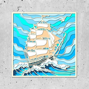 3D SVG Segelschiff Shadow Box, Sommer 3d svg, Segelboot 3d svg, 3D SVG Boot Cricut Silhouette, Schiff 3D svg, Strand 3d svg, Meer 3D svg