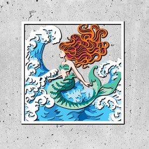 Mermaid On Waves Shadow Box 3D SVG,Sea 3D svg,Summer 3d Svg, Mermaid Shadow Box 3D Svg,Mermaid 3D Svg, Waves 3d Svg,Cricut Silhouette