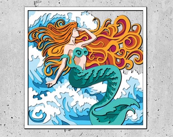 Mermaid On Waves Shadow Box 3D SVG,Sea 3D svg,Summer 3d Svg, Mermaid Shadow Box 3D Svg,Mermaid 3D Svg, Waves 3d Svg,Cricut Silhouette