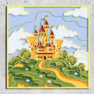 Puede incluir: Una ilustración recortada en papel de un castillo amarillo con techos rojos y ventanas blancas, sobre un fondo de cielo azul con nubes blancas. El castillo está en una colina verde con un camino amarillo sinuoso que conduce hasta él.