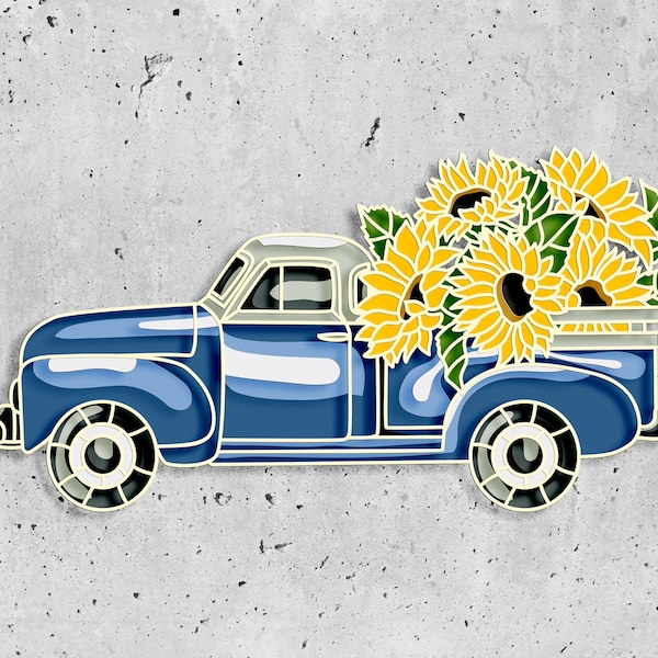 Sunflower Truck 3D Shadow Box SVG, Farmhouse Rustic Truck Layered Cardstock,3D Cricut Project Fall,3d Sunflower layers