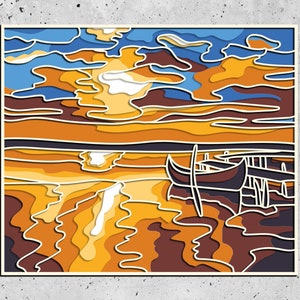 Sonnenuntergang 3D Laser svg, Sea Wave 3D Zentangle svg-Dateien, 3D Mandala svg, DXF-Vorlagen für cnc-Fräser, Laser-Cutting überlagertes Panel,