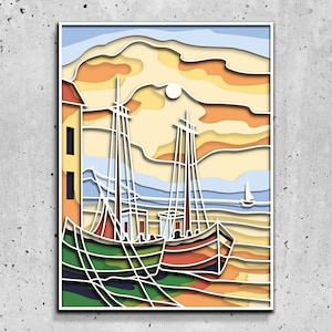 Paysage de mer avec des bateaux Fichiers SVG Mandala 3D, fichiers de modèle découpés au laser, routeur CNC en couches svg, mandala 3D en contreplaqué, calque 3D