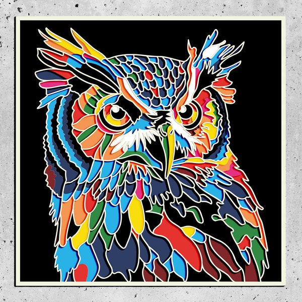 Owl 3D Multilayer Cardboard SVG, Colorful Owl Multilayer, Bird Mandala Pop Art, Animals 3D Papercraft SVG, Owl Layered SVG,