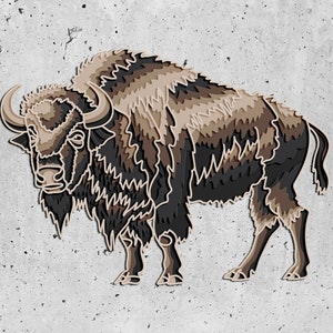 May include: A brown and black bison with a shaggy coat stands on a gray concrete background. The bison is facing the left side of the image and has large horns.