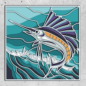 File SVG 3D Mandala di pesce Marlin, file modello di taglio laser, router CNC a strati SVG, mandala di compensato 3D, strato 3D