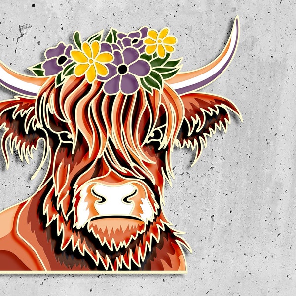 Highland Cow 3D Layered SVG for Cards, Cow Memorial Box, Colorful Cow 3D Layered SVG, Cow Mandala Files, Cow Pop Art
