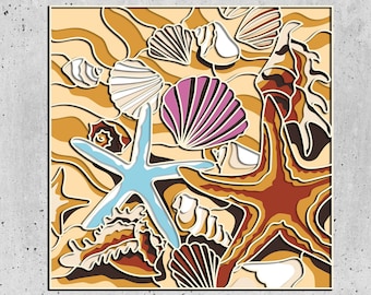Seashells and Starfish 3D Mandala svg files, DXF Templates for CNC Router, Laser Cut Layered Panel, Sea Layered SVG,