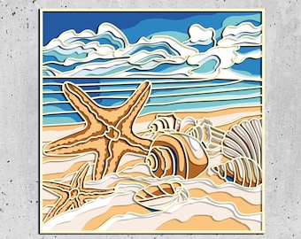 Sea shells and starfish 3D Mandala svg files, DXF templates for CNC router, layered panel for laser cutting, Sea Layered SVG,