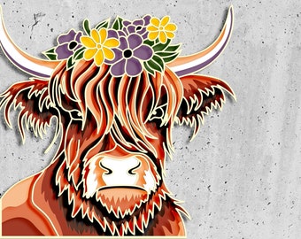 Highland Cow 3D Layered SVG for Cards, Cow Memorial Box, Colorful Cow 3D Layered SVG, Cow Mandala Files, Cow Pop Art