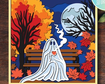 May include: A white ghost sitting on a park bench with a cup of coffee in a fall scene with red, orange, and yellow leaves. The background is a dark blue sky with a full moon.