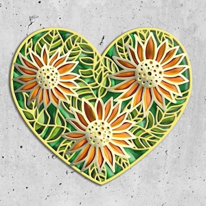 3D Sunflower Mandala SVG Files, Panneau décoratif en couches, Panneau en couches découpé au laser, Fichiers SVG en couches pour routeur CNC laser ou Cricut