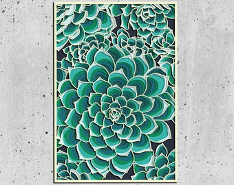 Könnte beinhalten: Eine digitale Illustration eines Musters aus grünen Sukkulenten auf einem dunklen Hintergrund. Die Sukkulenten sind übereinander gelegt und haben einen Papierschnitt-Stil.